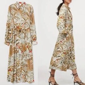 H&M Tropical Shirt Dress with Tie Belt in Light beige/leaf print SZ S